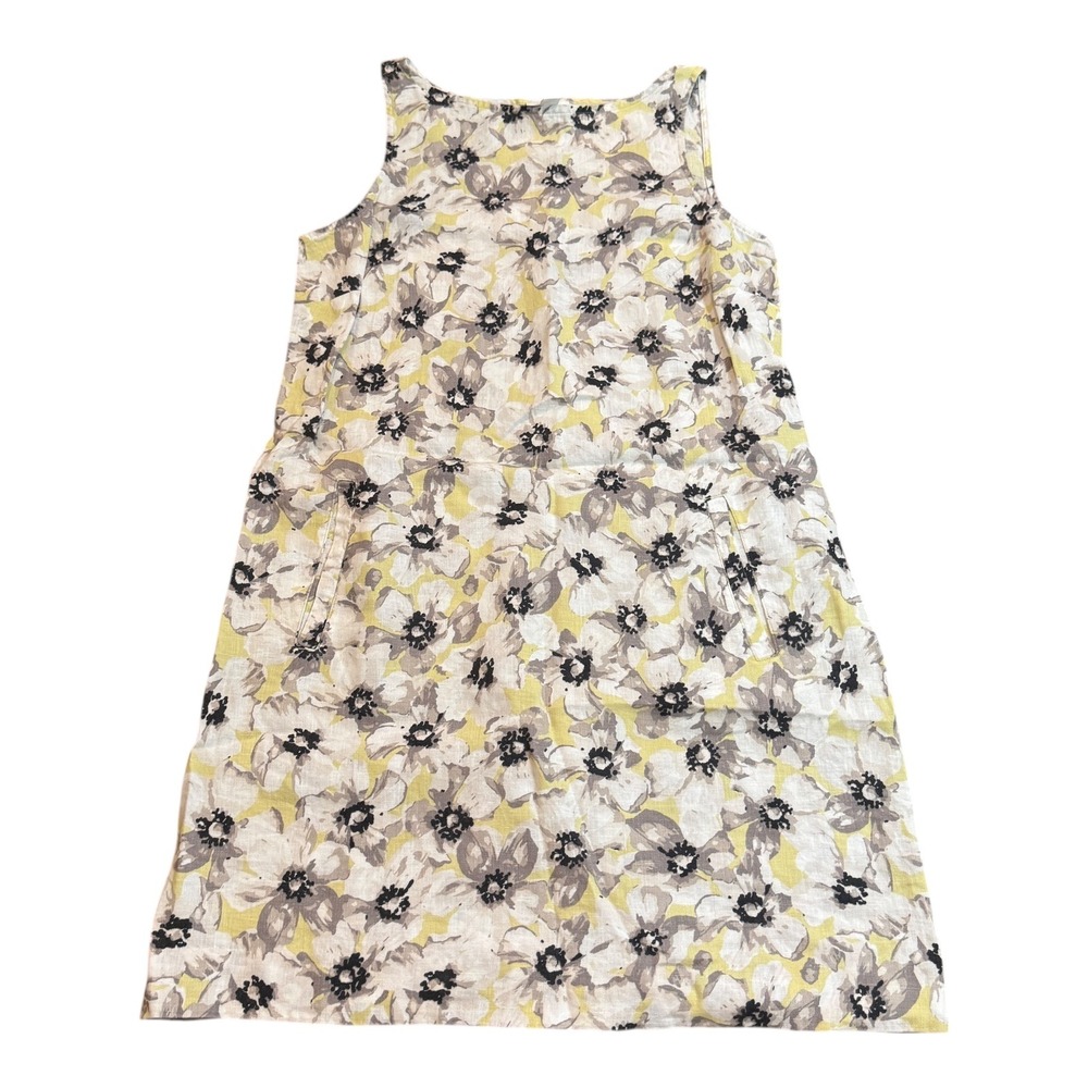 J.Jill Love Linen Floral Print Sleeveless‎ Dress Yellow Gray White XS Pockets